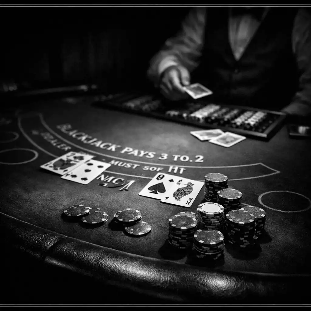 Elegáns blackjack asztal zöld posztóval, játékzsetonokkal és kártyákkal, a háttérben krupié keze