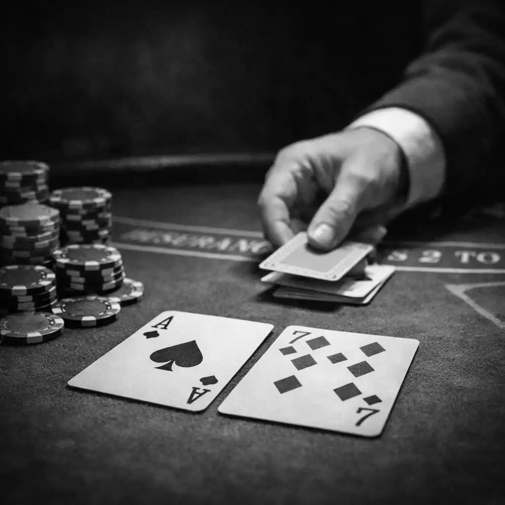 Közelkép egy blackjack asztalról, ahol egy krupié keze kártyákat oszt
