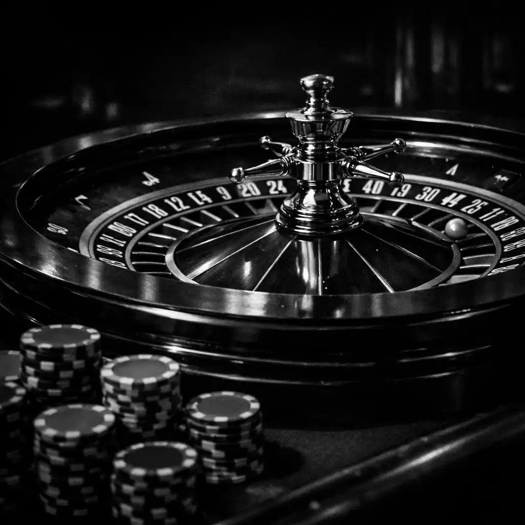 Professzionális kaszinóasztal roulette kerékkel és zsetonokkal, sötét környezetben