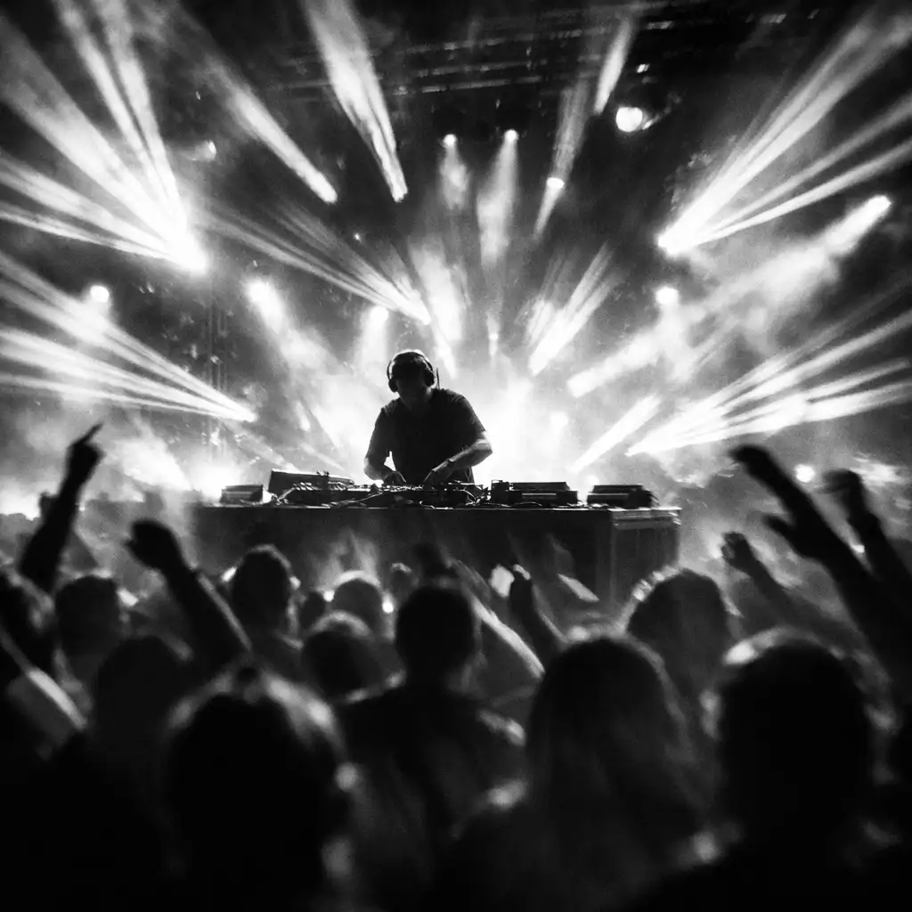 Tematikus esemény színpadi jelenete DJ pulttal, dinamikus fényeffektekkel és a tömeg sziluettjével