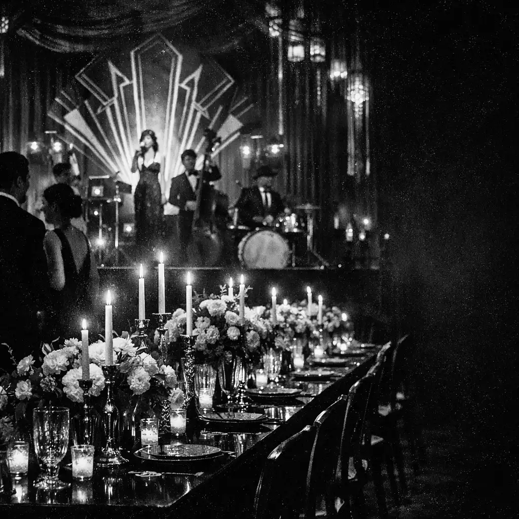 Elegáns tematikus esemény hangulatos bálterme art deco dekorációval, meleg fényekkel és elegánsan öltözött vendégekkel