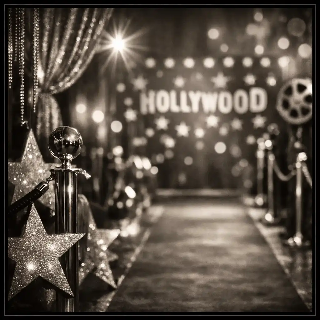 Hollywoodi stílusú tematikus parti dekorációja vörös szőnyeggel, arany csillagokkal és elegáns fényekkel